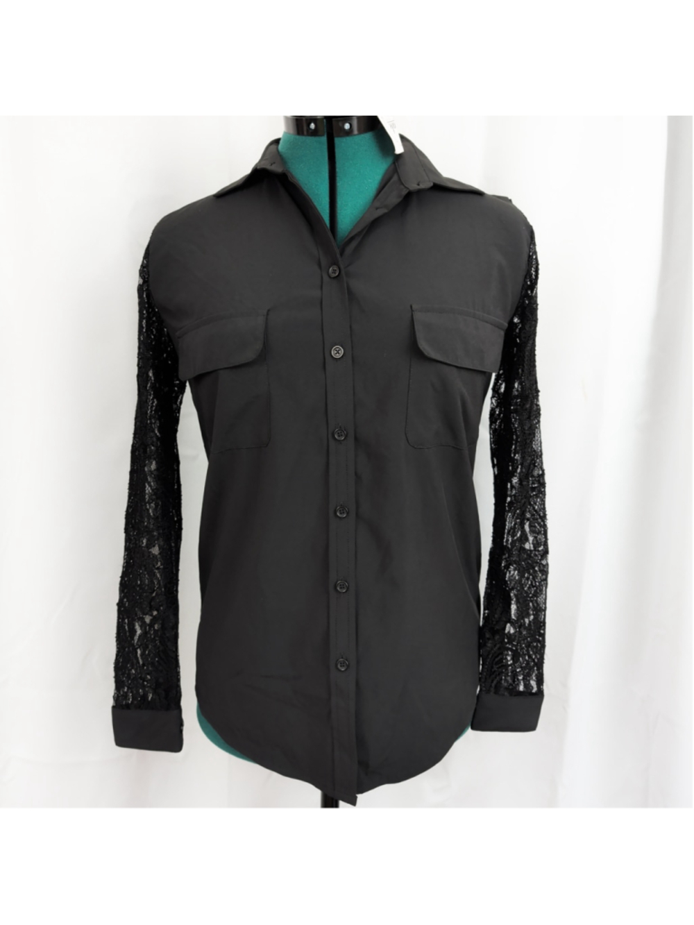 Deadstock Lovers + Friends Lace Sleeve Black Collared Shirt Small